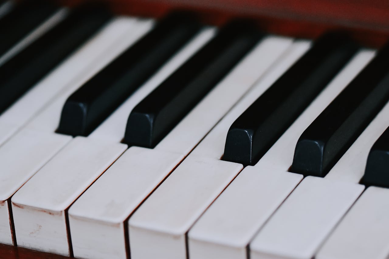 Detailed close-up of a piano keyboard showing black and white keys in focus.